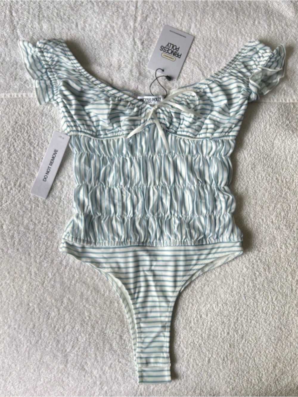 Princess Polly Pale Blue & White Striped Off-Shoulder Smocked Bodysuit